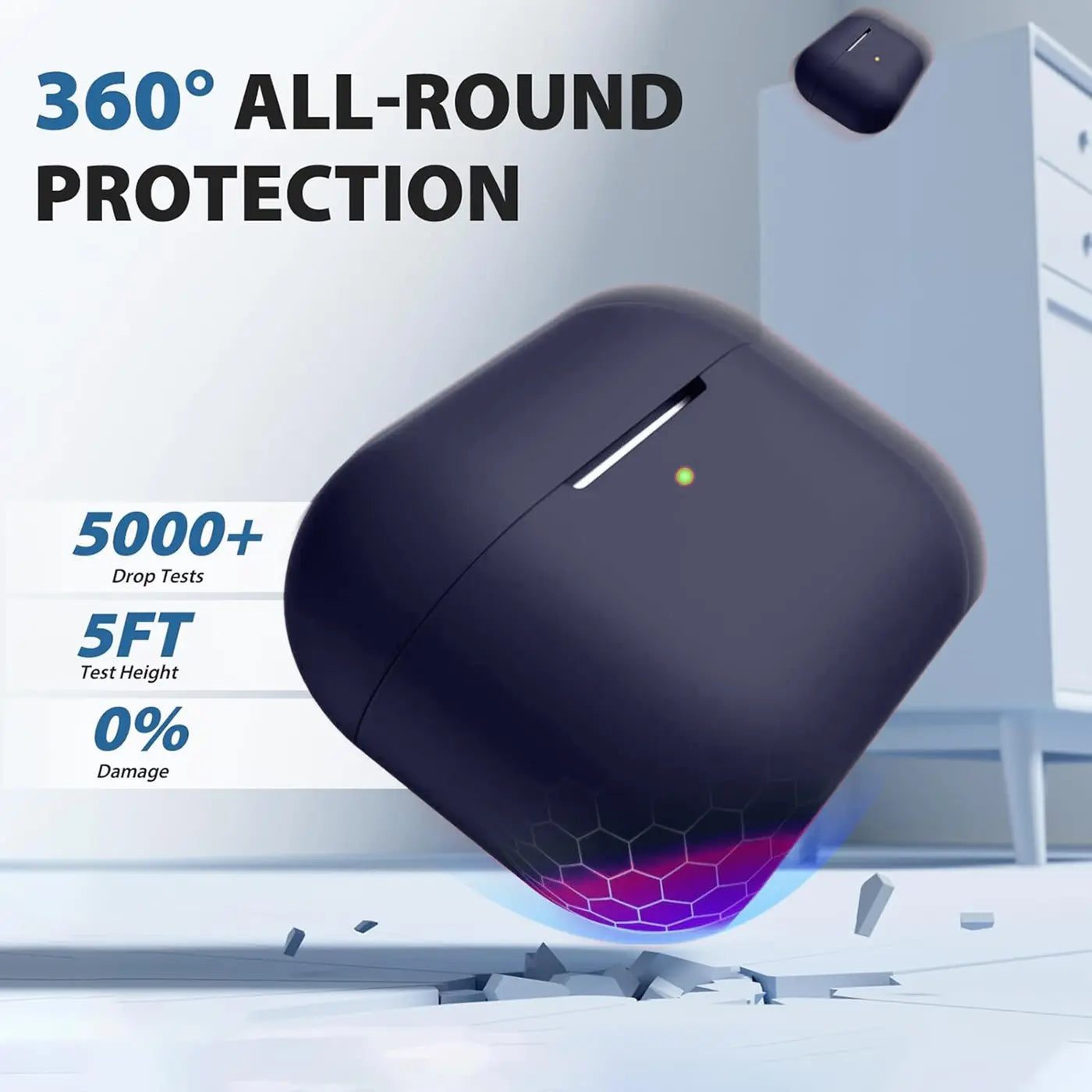 Dunkelblaue Silikonhülle für AirPods Pro 2 fällt auf den Boden, mit leuchtendem Wabenmuster und grünem LED-Punkt.