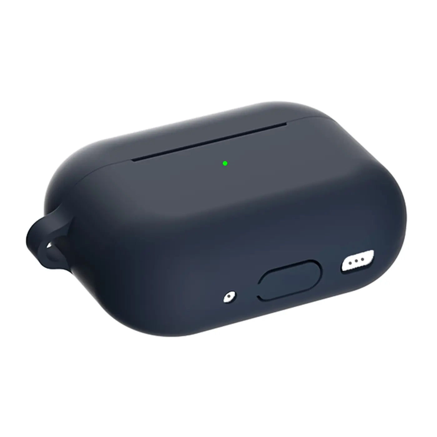 Dunkelblaue Silikonhülle für AirPods Pro 2 mit Karabineröse, Ladeanschluss und Lautsprecheröffnungen, schräg von oben.