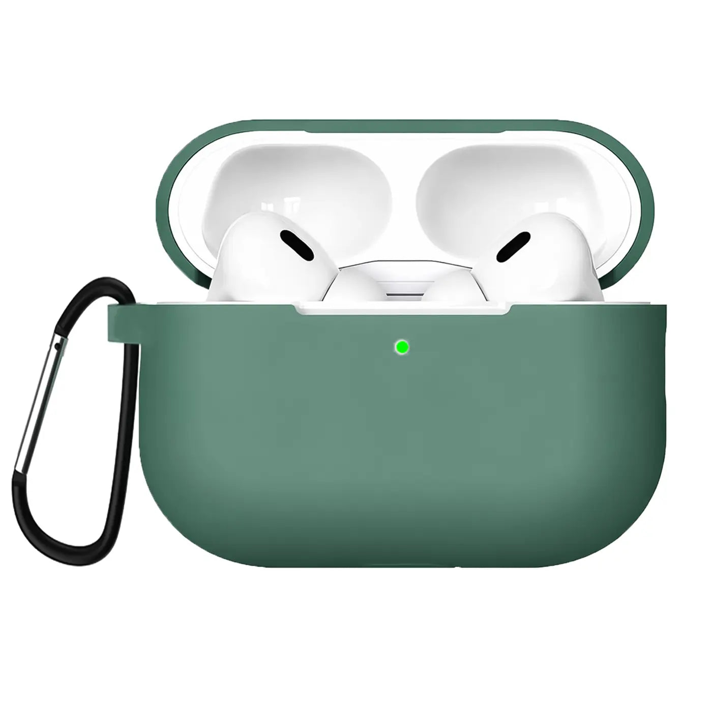 AirPods Pro 2 in offener, mintgrüner Silikonhülle mit schwarzem Karabiner, leicht schräg von vorne.