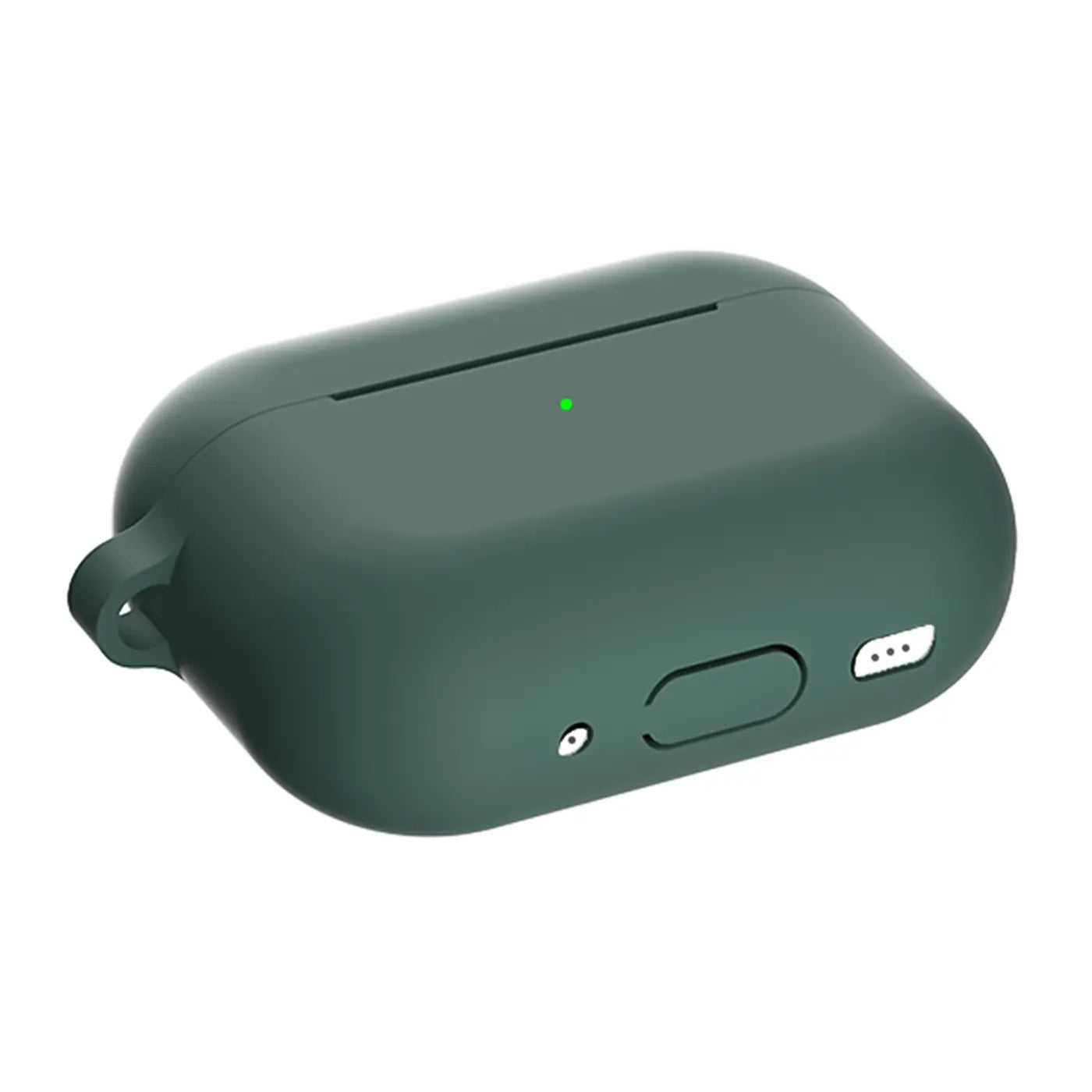 Dunkelgrüne Silikonhülle für AirPods Pro 2, schräg von oben. Mit Karabineröse, Ladeanschluss- und Lautsprecheröffnungen.