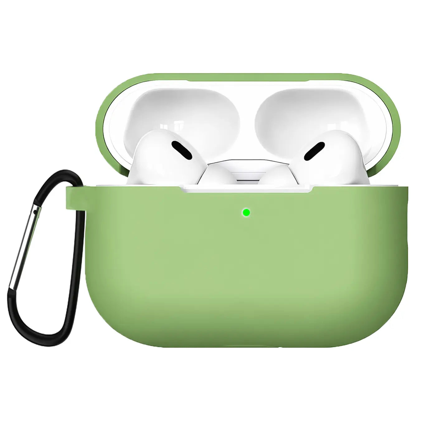 Grüne Silikonhülle für AirPods Pro 2, offen mit weißen Kopfhörern, Karabiner links, schräg von oben.