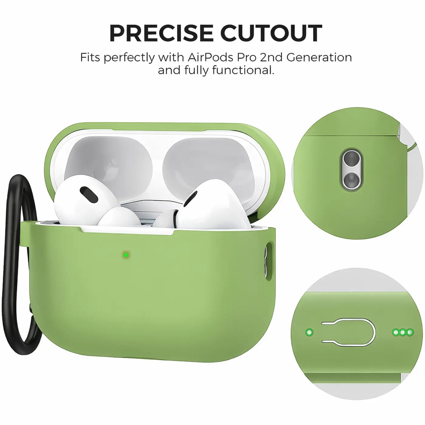 Grüne Silikonhülle mit schwarzem Karabiner für AirPods Pro 2, von vorne geöffnet mit AirPods, Detailansichten der Rückseite.