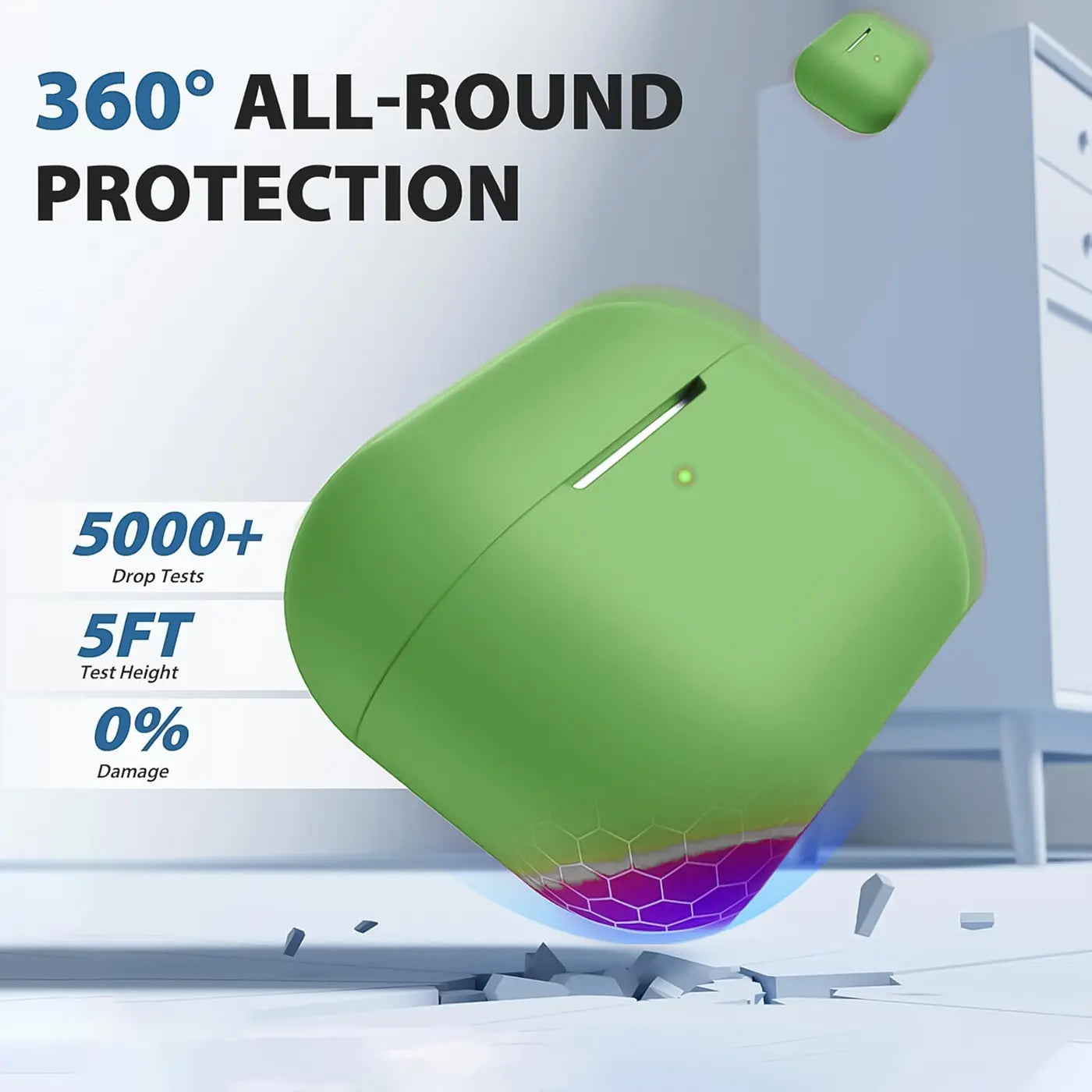 Grüne Silikonhülle für AirPods Pro 2, schräg von oben fallend, mit Wabenmuster am Boden und Rissen im Boden.