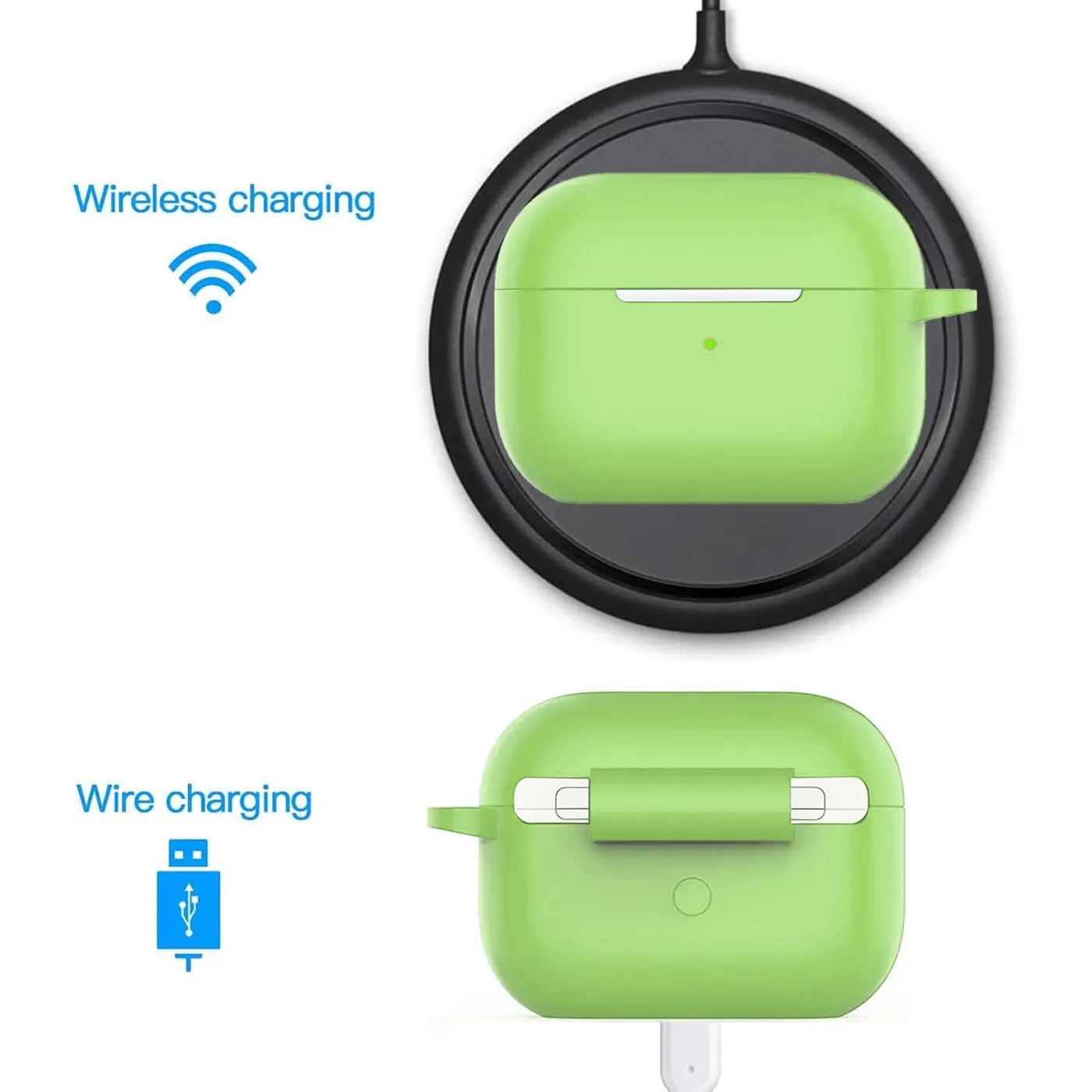 Grüne Silikonhülle für AirPods Pro 2, von oben auf schwarzem Wireless Charger und von vorne mit Ladekabel.