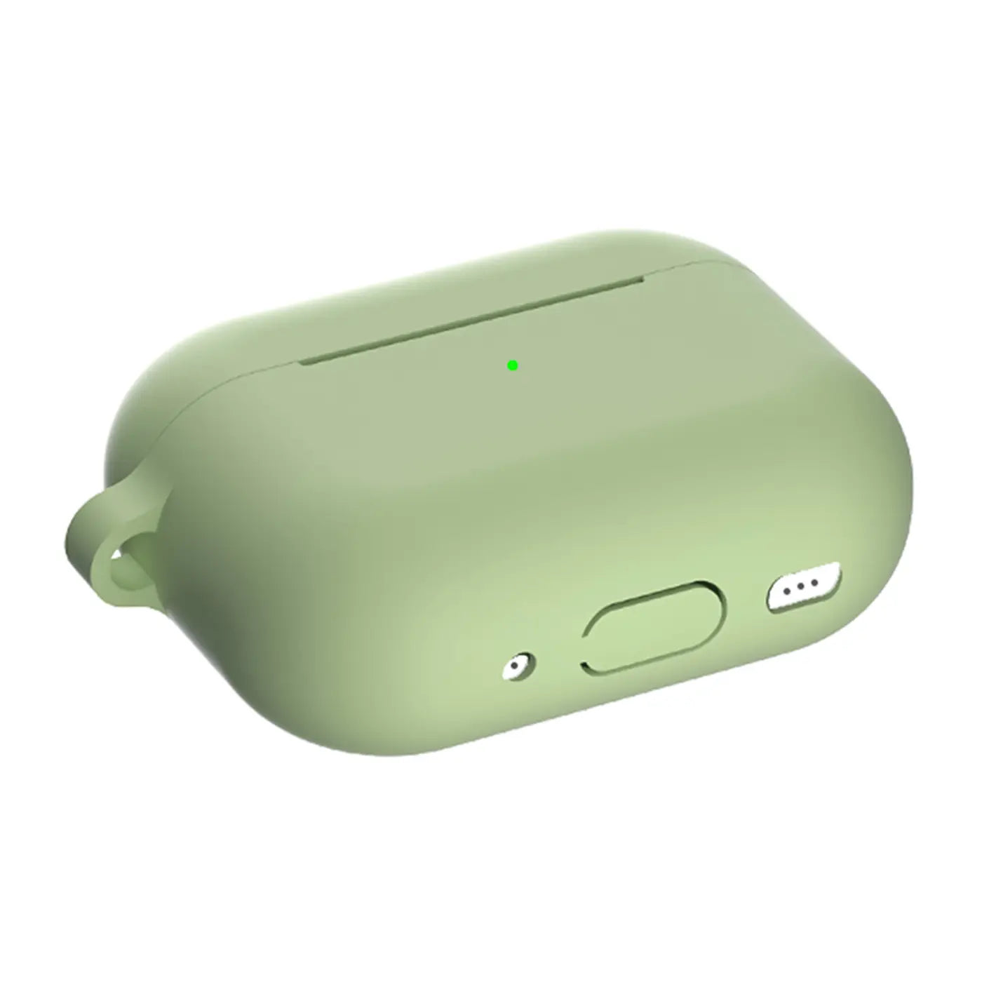 Grüne Silikonhülle für AirPods Pro 2, schräg von oben, mit Karabineröse und Aussparungen für Lautsprecher/Ladeport.