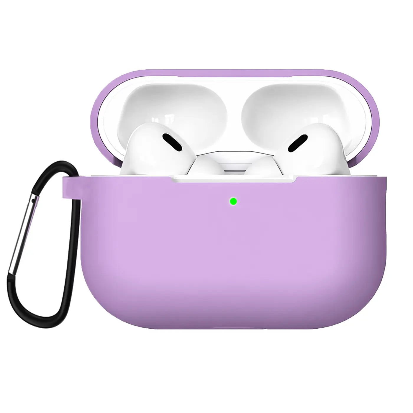 Lila Silikonhülle für AirPods Pro 2, offen, mit eingesetzten weißen AirPods und schwarzem Karabiner, leicht schräg von vorne.