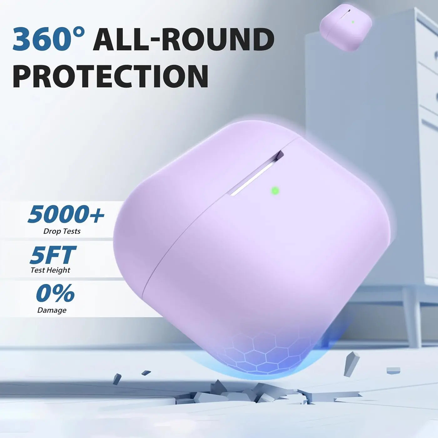 Lila Silikonhülle für AirPods Pro 2, schräg von oben, beim Aufprall auf den Boden, mit grüner LED.