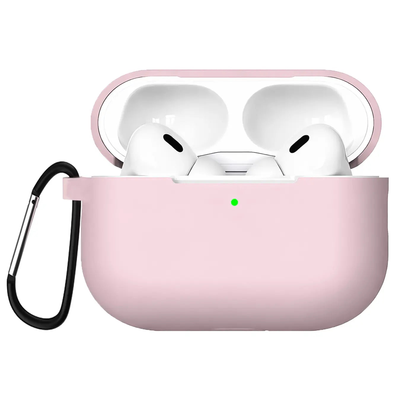 Rosa Silikonhülle für AirPods Pro 2 mit offenem Deckel, darin weiße AirPods, links ein schwarzer Karabiner.
