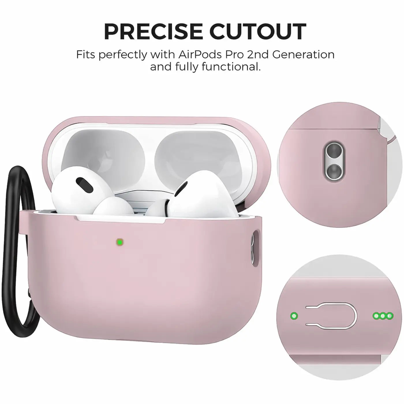 Rosa Silikonhülle für AirPods Pro 2 mit schwarzem Karabiner, offen mit eingesetzten AirPods, Ansicht von vorne und Details.