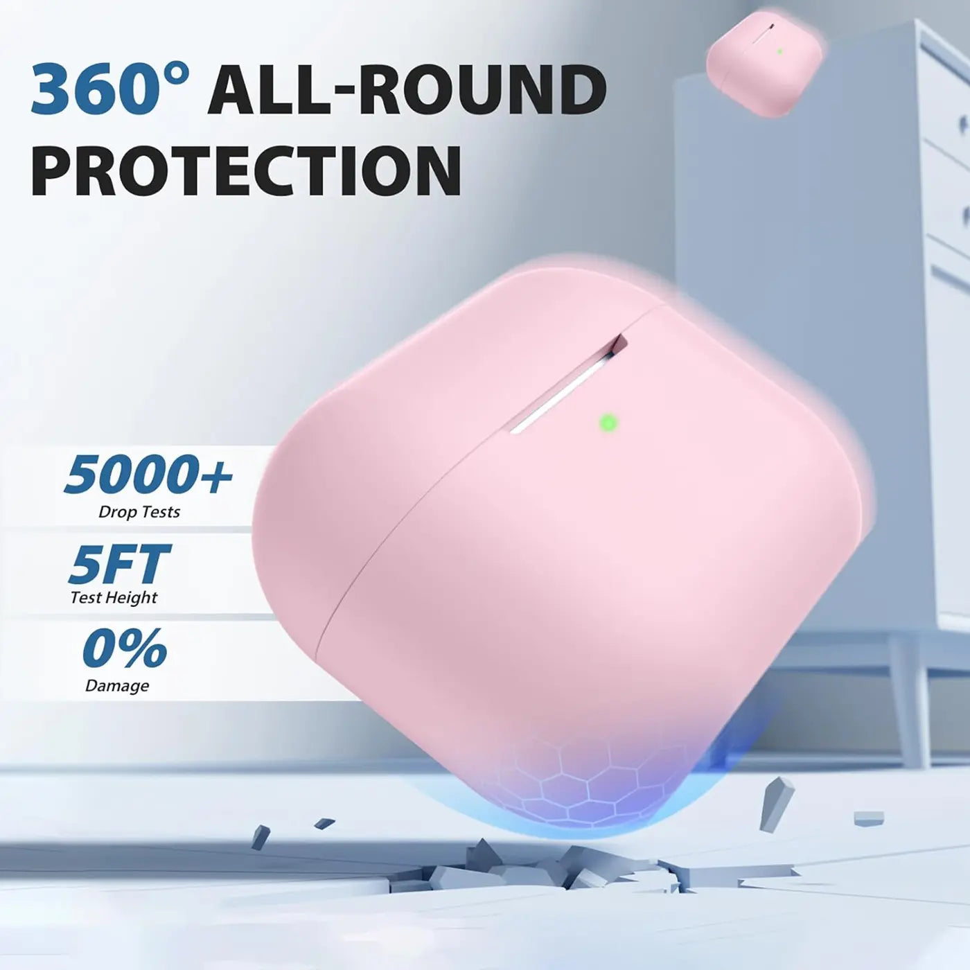 Rosa Silikonhülle für AirPods Pro 2, schräg von oben, fällt auf den Boden und schützt das Ladecase.