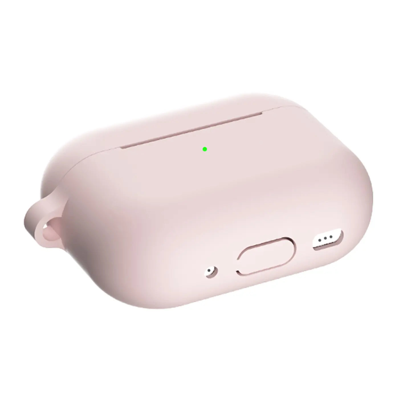 Rosafarbene Silikonhülle für AirPods Pro 2 Ladecase, schräg von oben, mit Karabineröse und Aussparungen.