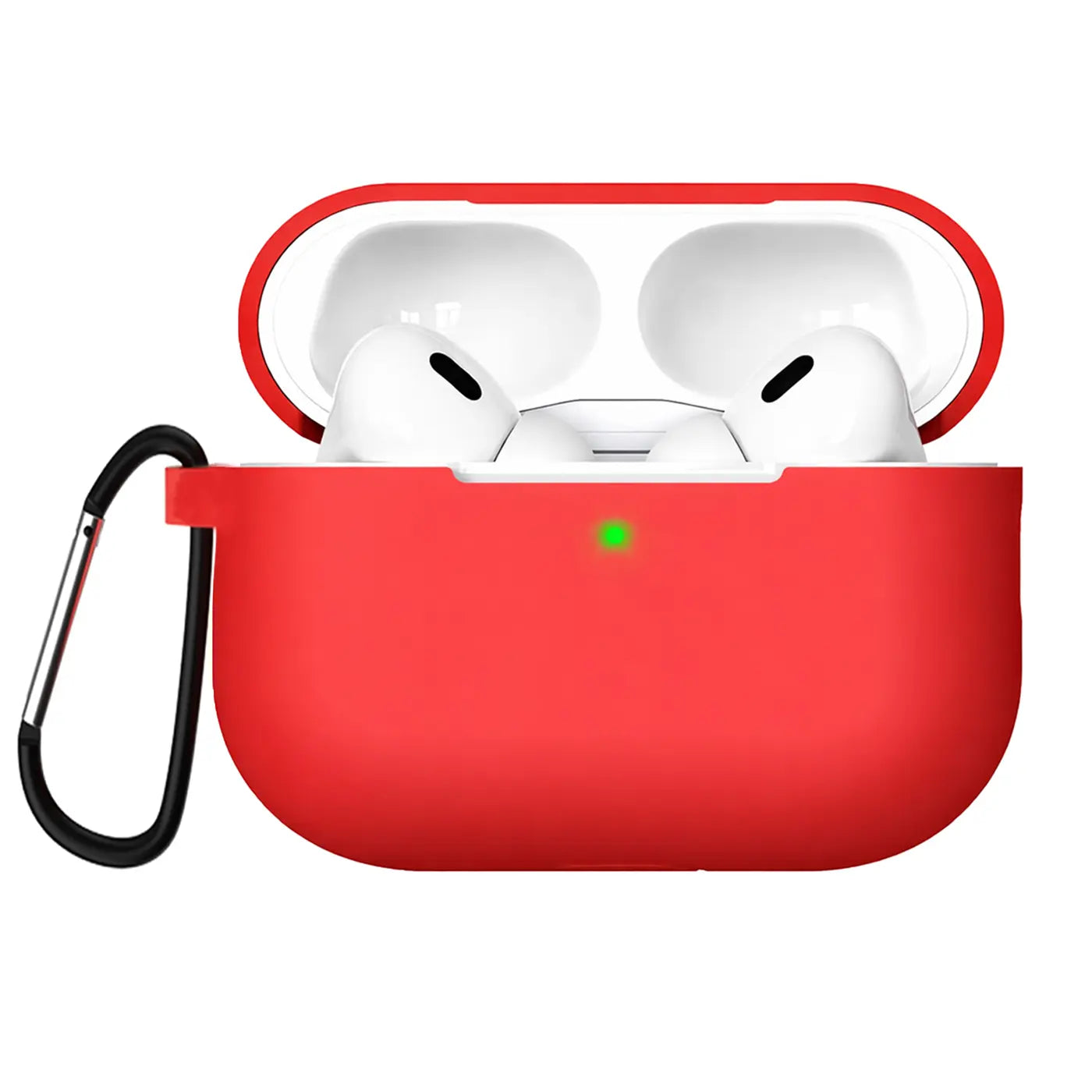 Rote Silikonhülle für AirPods Pro 2 mit offenem Deckel, darin weiße AirPods. Links ein schwarzer Karabinerhaken.