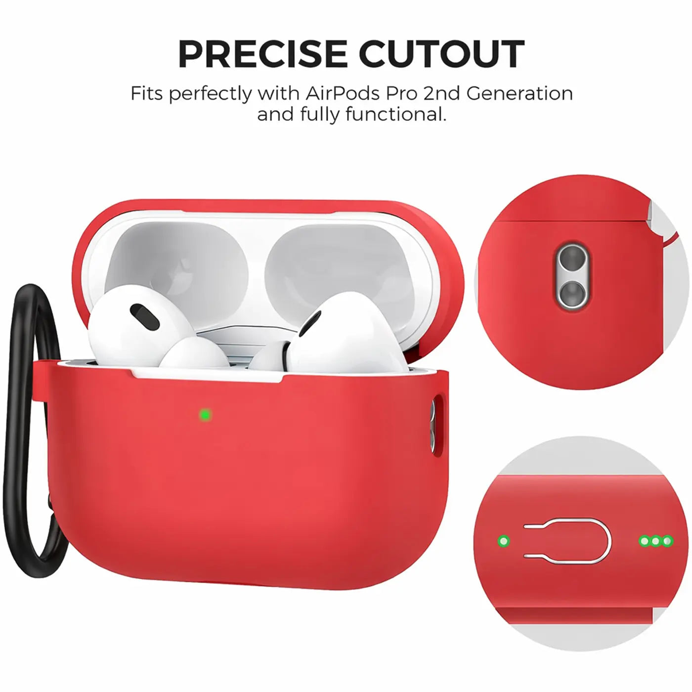 Rote Silikonhülle für AirPods Pro 2 mit schwarzem Karabiner, von vorne geöffnet, mit 2 weißen AirPods.
