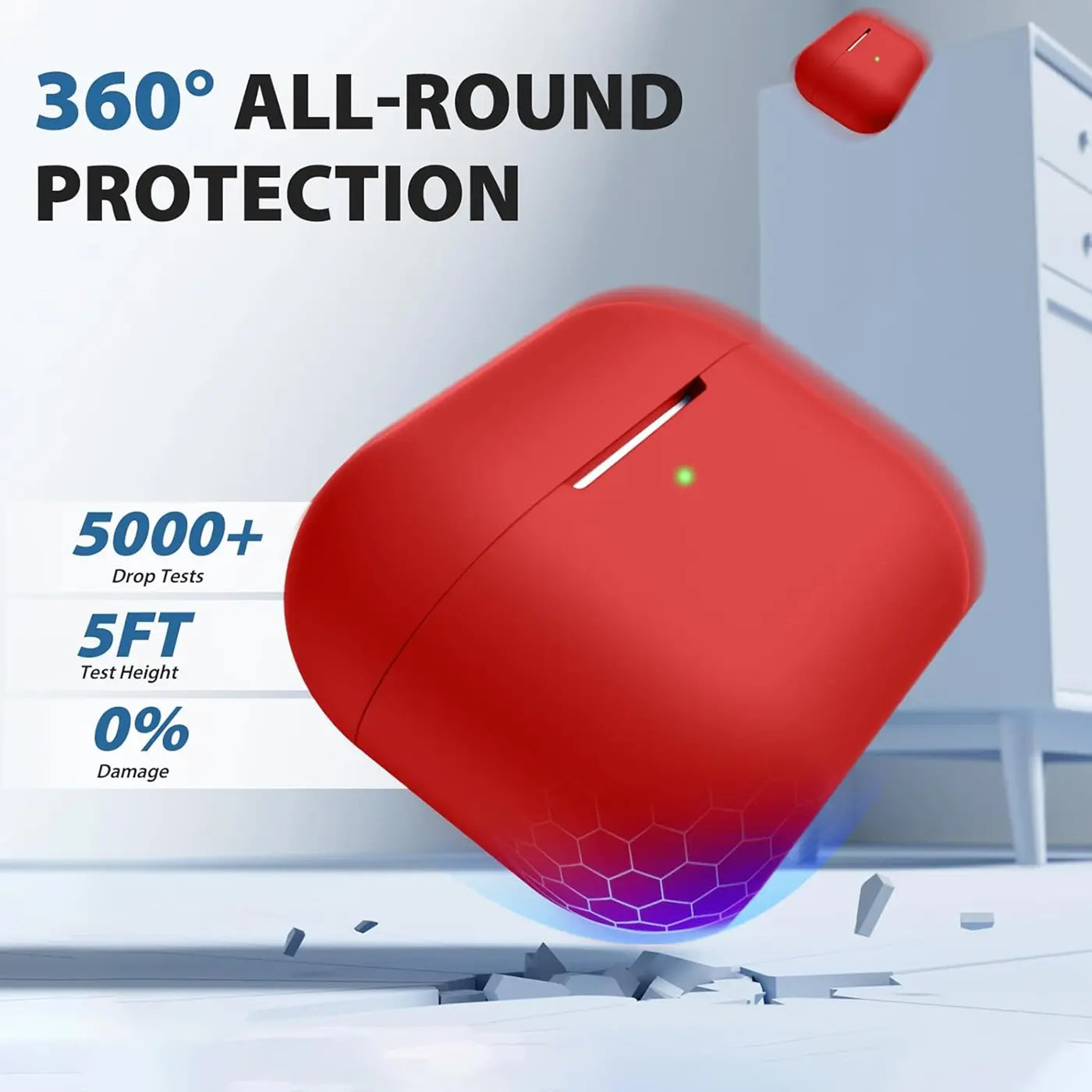 Rote Silikonhülle für AirPods Pro 2, schräg von oben. Sie fällt auf den Boden, der zerbricht.