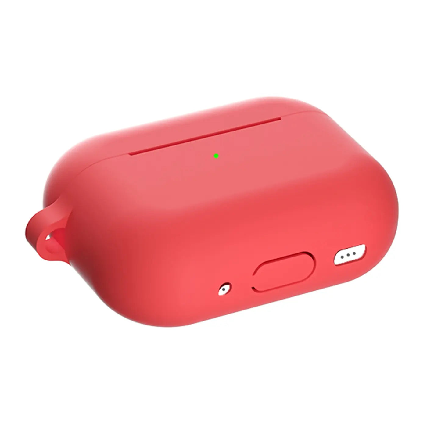 Rote Silikonhülle für AirPods Pro 2, schräg von oben. Mit Karabineröse, Ladeanschluss und Lautsprecheröffnungen.