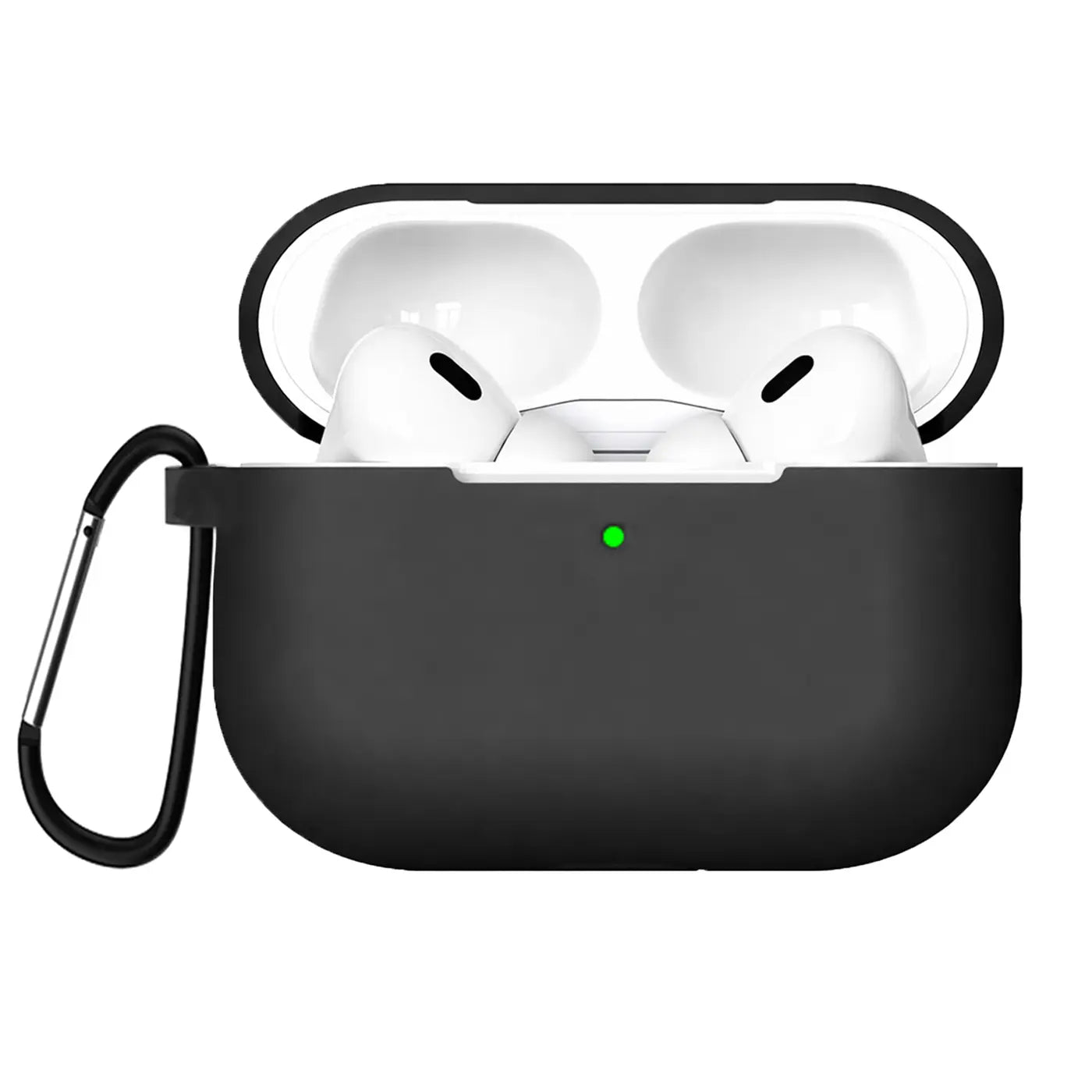 Schwarze Silikonhülle für AirPods Pro 2, offen, mit eingesetzten weißen AirPods und Karabiner, leicht schräg von vorne.