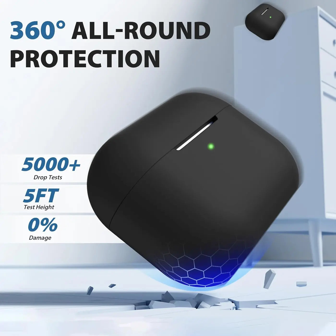 Schwarze Silikonhülle für AirPods Pro 2, schräg von vorne unten, mit grün leuchtender LED, fällt auf den Boden.