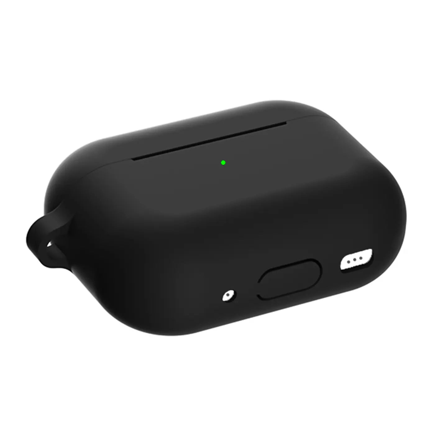 Schwarze Silikonhülle für AirPods Pro 2, schräg von oben, mit Karabineröse und Ladeanschluss-Aussparung.