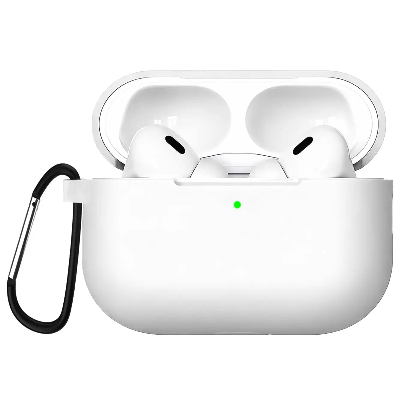 Weiße Silikonhülle für AirPods Pro 2 mit offenem Deckel, darin zwei weiße AirPods. Links ein schwarzer Karabiner.