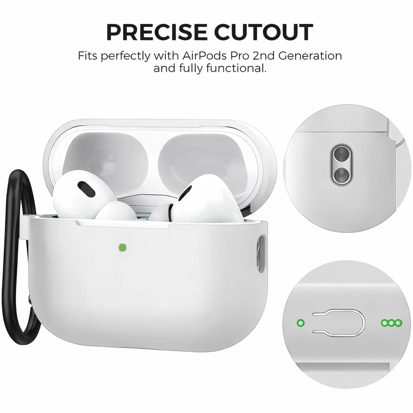 Weiße Silikonhülle für AirPods Pro 2 mit schwarzem Karabiner, von vorne geöffnet, mit zwei AirPods Pro 2 darin.