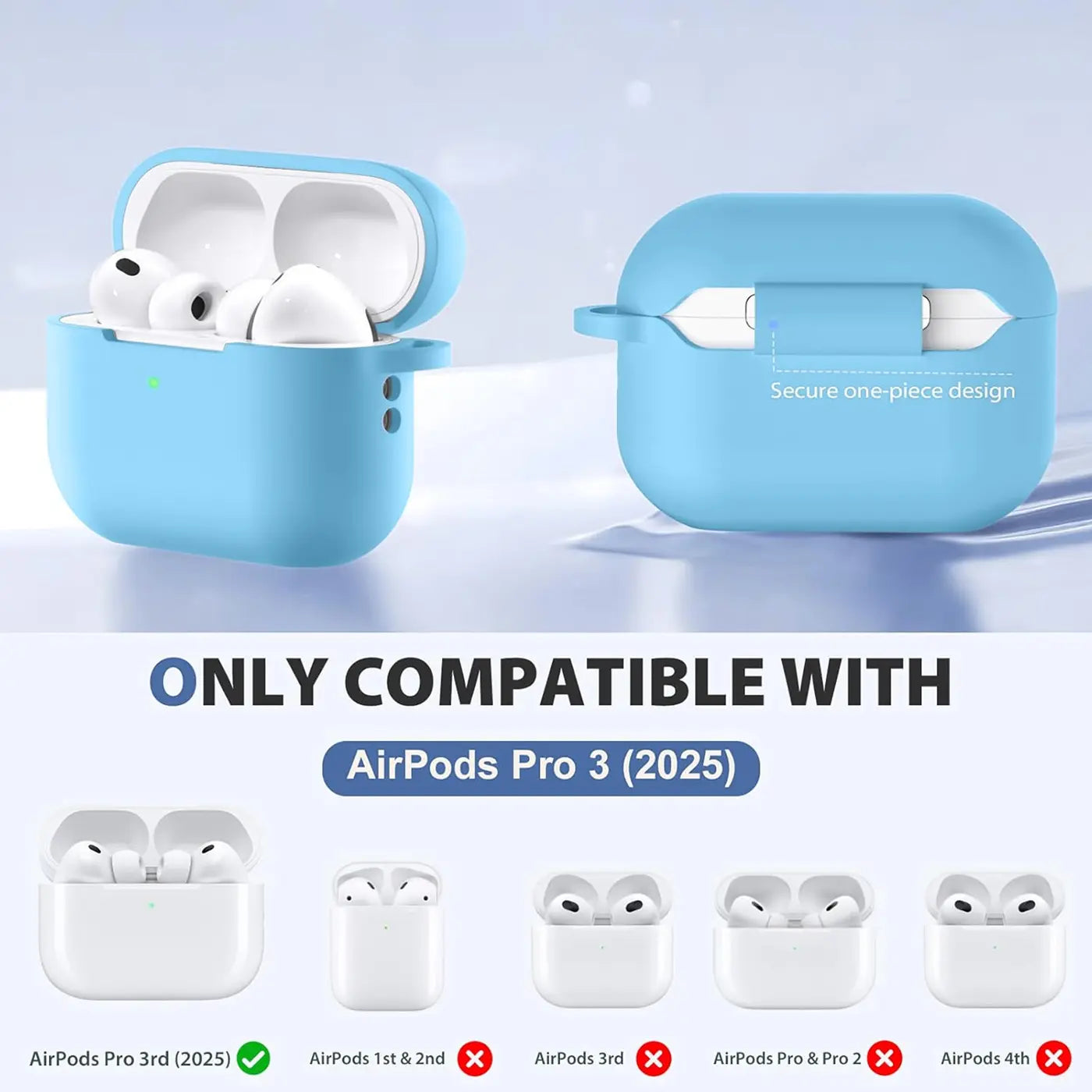 Zwei hellblaue Silikonhüllen für AirPods Pro 3 (2025) von vorne, eine offen mit weißen AirPods, eine geschlossen.
