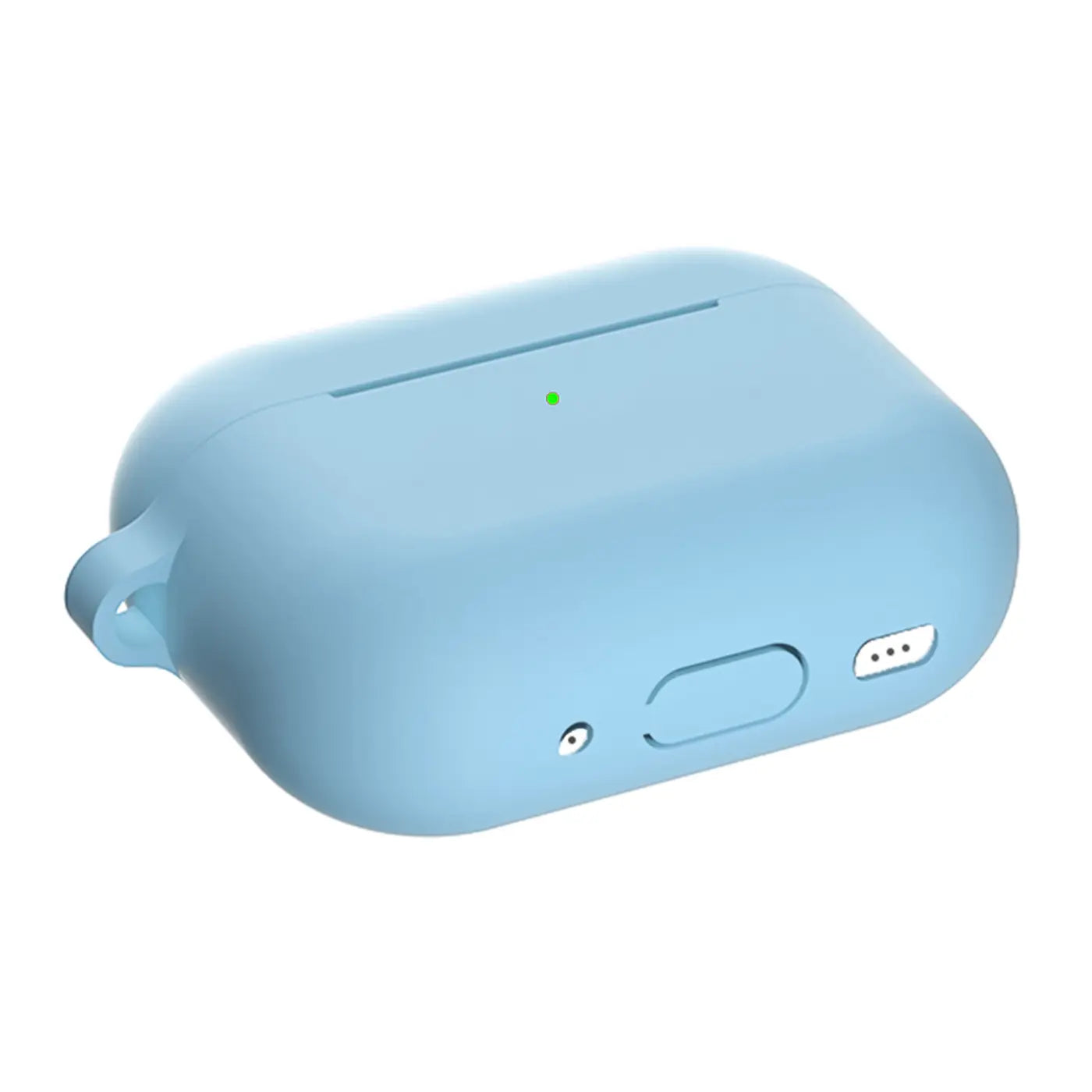 Hellblaue Silikonhülle für AirPods Pro 3, von oben rechts gesehen, mit Karabineröse und Ladeanschluss-Aussparung.