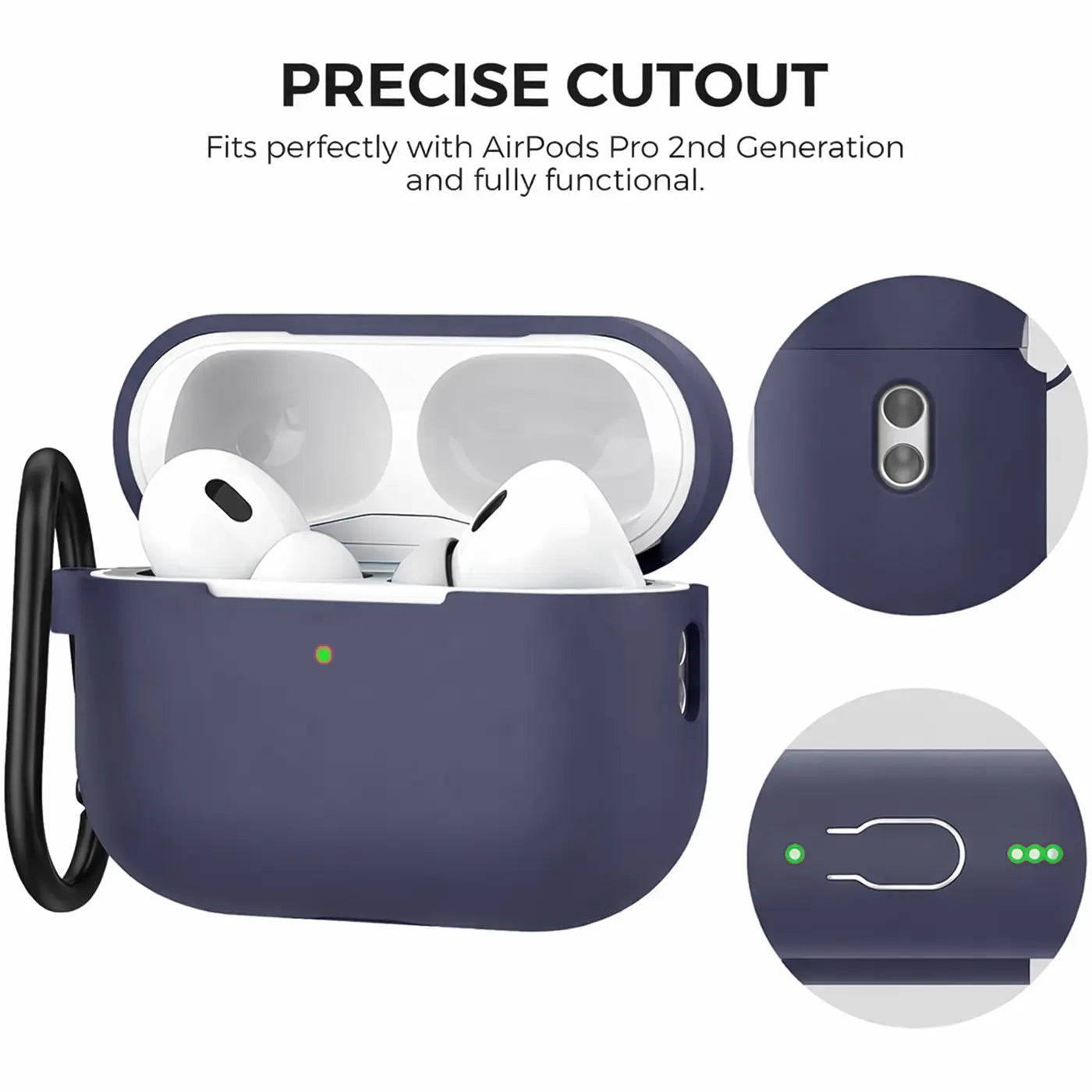 Dunkelblaue Silikonhülle für AirPods Pro 2. Gen mit schwarzem Karabiner, von vorne geöffnet mit AirPods.