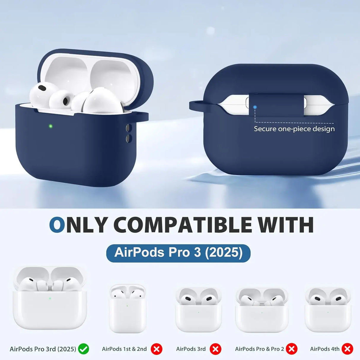 Silikon Schutzhülle für AirPods Pro 3 mit Soft-Touch Oberfläche, Karabiner und LED-Sichtfenster - ideal für Alltag, Sport und Reisen