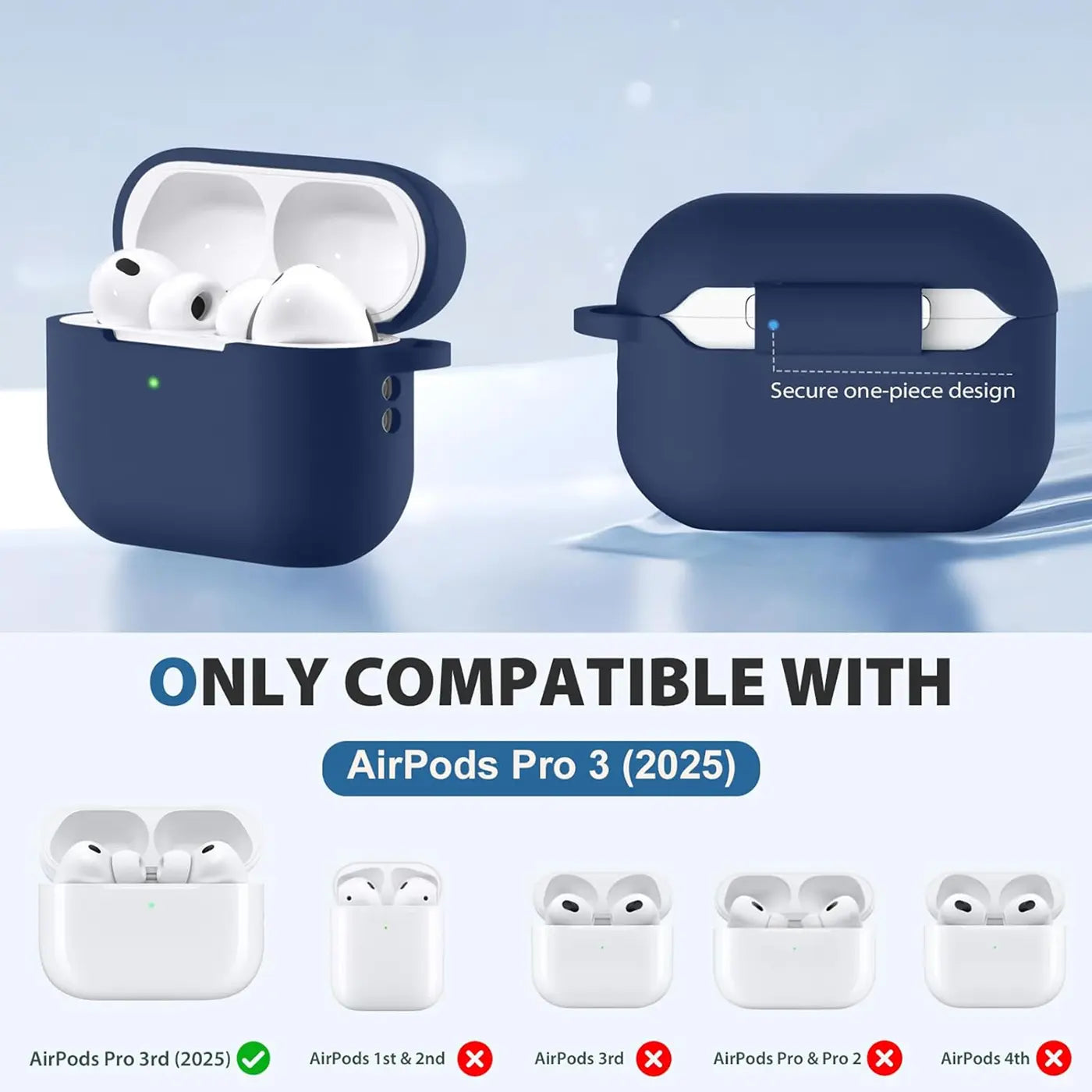 Dunkelblaue Silikonhülle für AirPods Pro 3. Links offen mit AirPods, rechts geschlossen, von vorne.