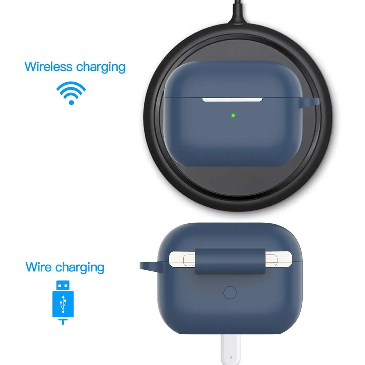 Dunkelblaue Silikonhülle für AirPods Pro 3 mit Karabiner, von oben auf kabelloser Ladestation und von vorne mit Kabel.
