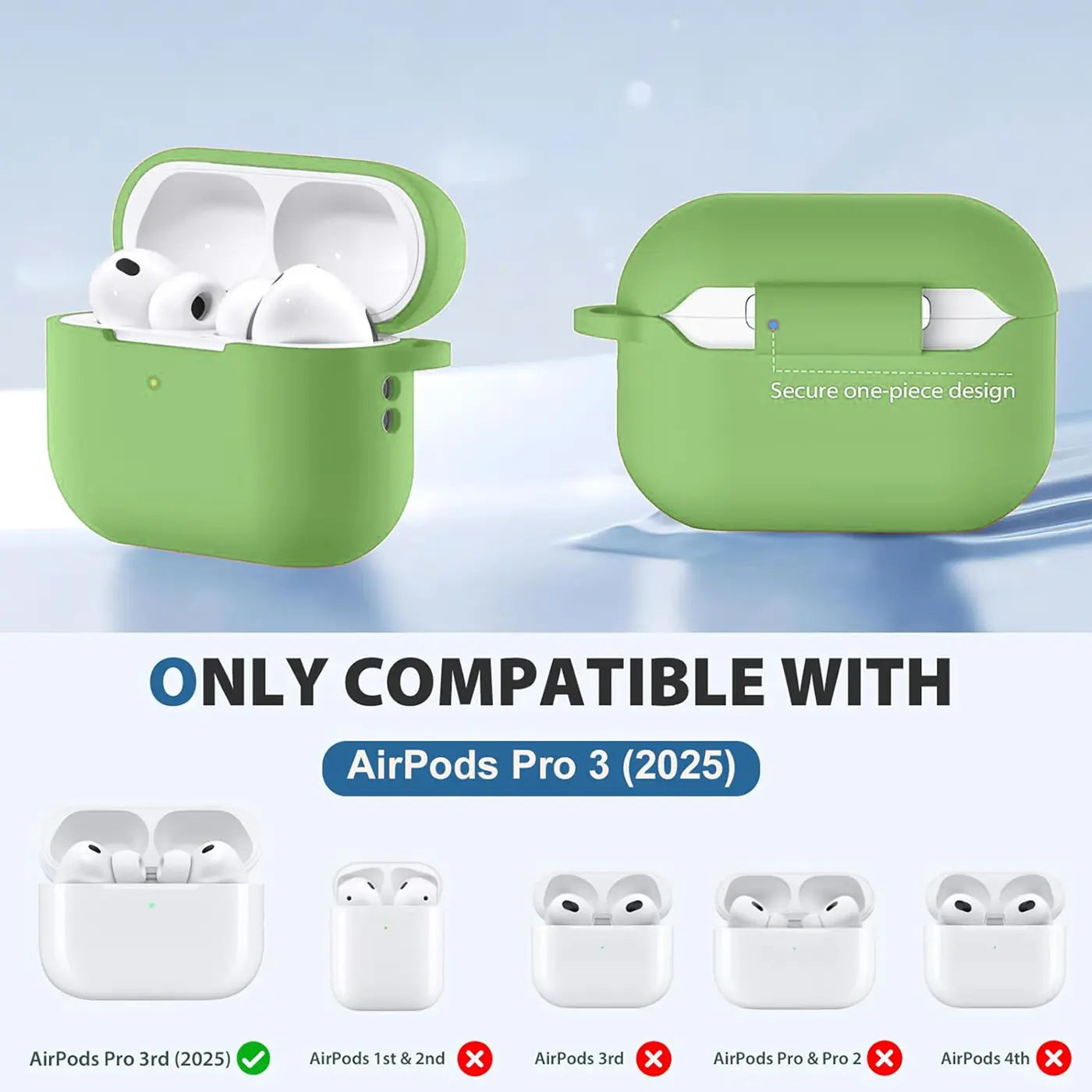 Grüne Silikonhülle für AirPods Pro 3 (2025) mit Karabiner, offen und geschlossen, von vorne und oben.