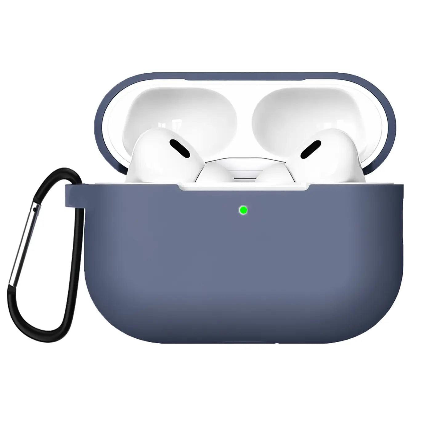 Offene, dunkelblaue Silikonhülle für AirPods Pro 3 mit Karabiner, schräg von vorne. Grüne LED leuchtet.