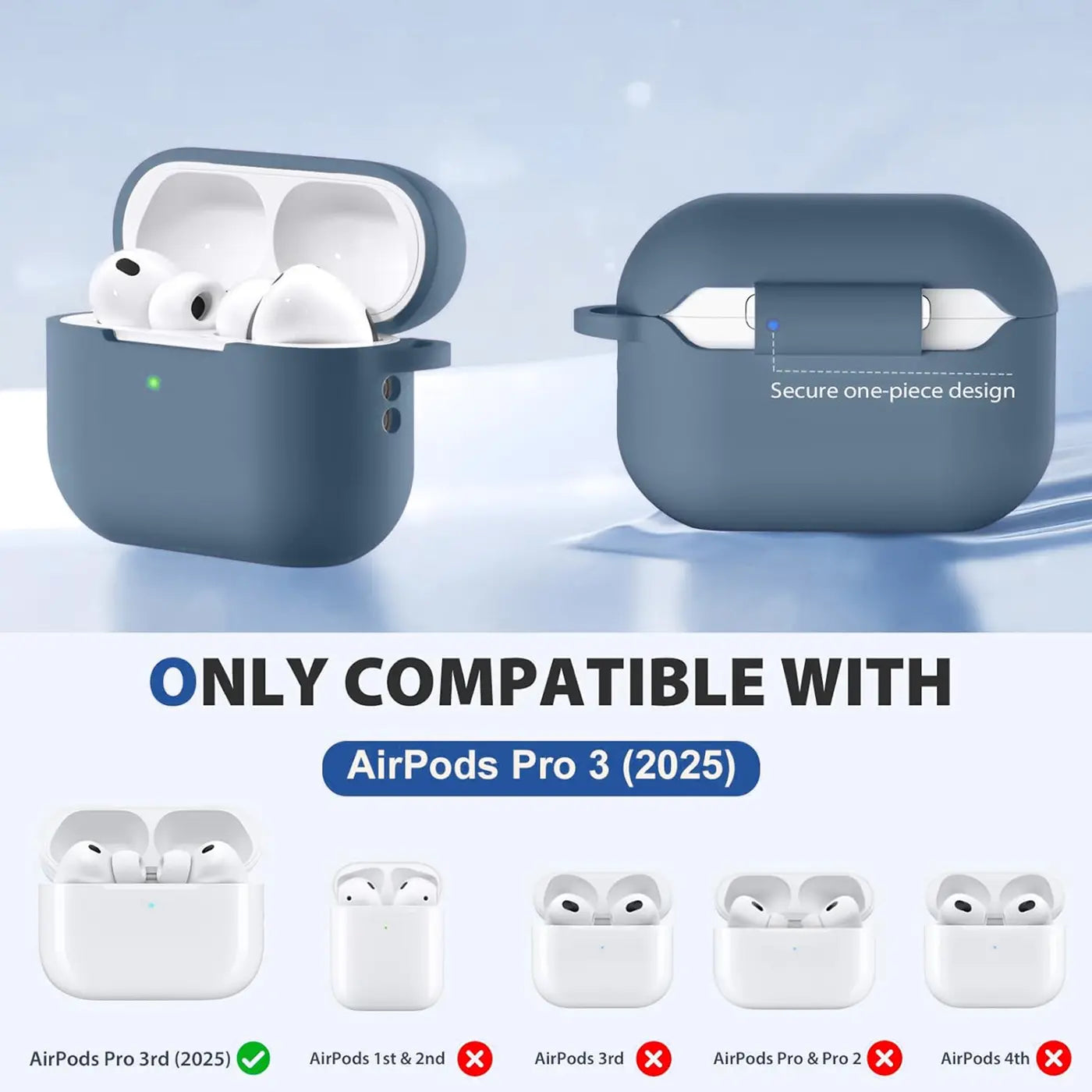 Zwei blaue Silikonhüllen für AirPods Pro 3 (2025) von vorne. Links offen mit weißen AirPods, rechts geschlossen.