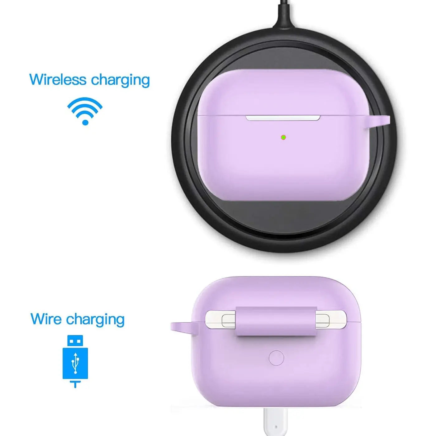 Zwei Ansichten einer lila Silikonhülle für AirPods Pro 3: oben kabelloses Laden, unten Laden per Kabel.