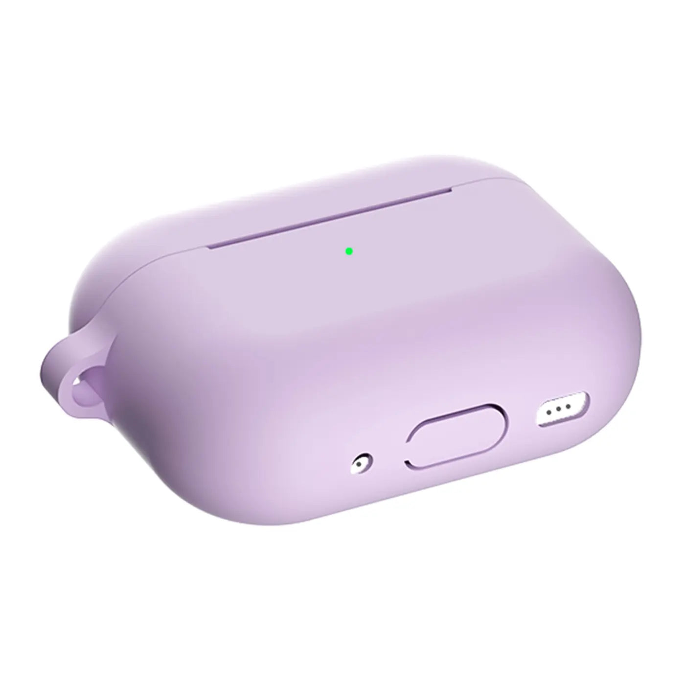 Lila Silikonhülle für AirPods Pro 3 mit Karabineröse, Ladeanschluss und Status-LED, schräg von oben.