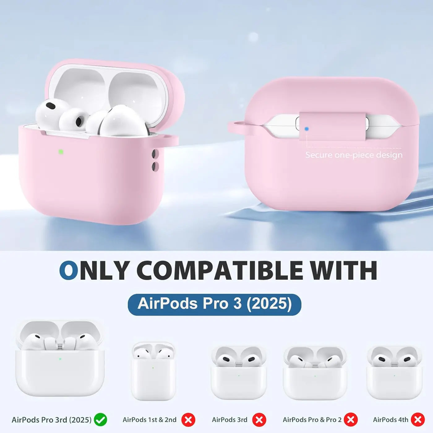 Zwei rosa Silikonhüllen für AirPods Pro 3 (2025), eine offen mit AirPods, eine geschlossen, von vorne.