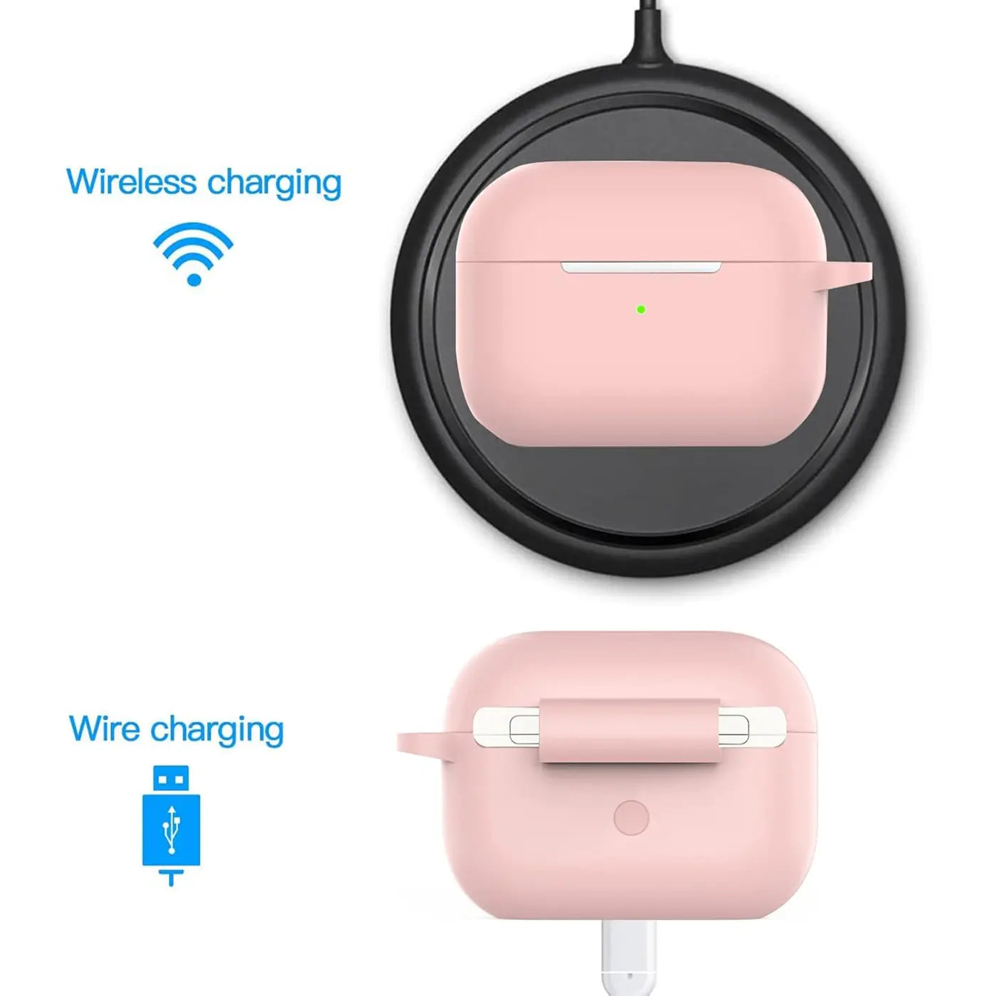 Zwei Ansichten einer rosafarbenen Silikonhülle für AirPods Pro 3: oben kabelloses Laden, unten Laden per Kabel.