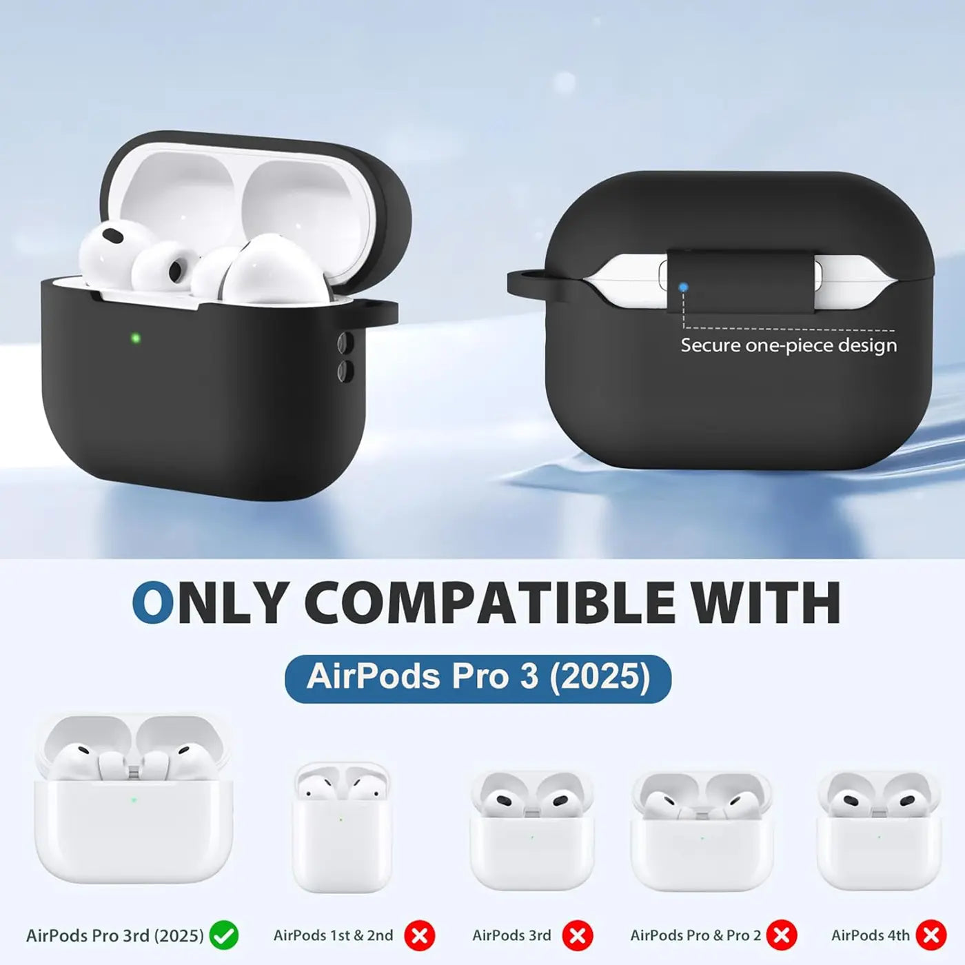 Zwei schwarze Silikonhüllen für AirPods Pro 3 (2025) von vorne, eine offen mit AirPods, eine geschlossen.