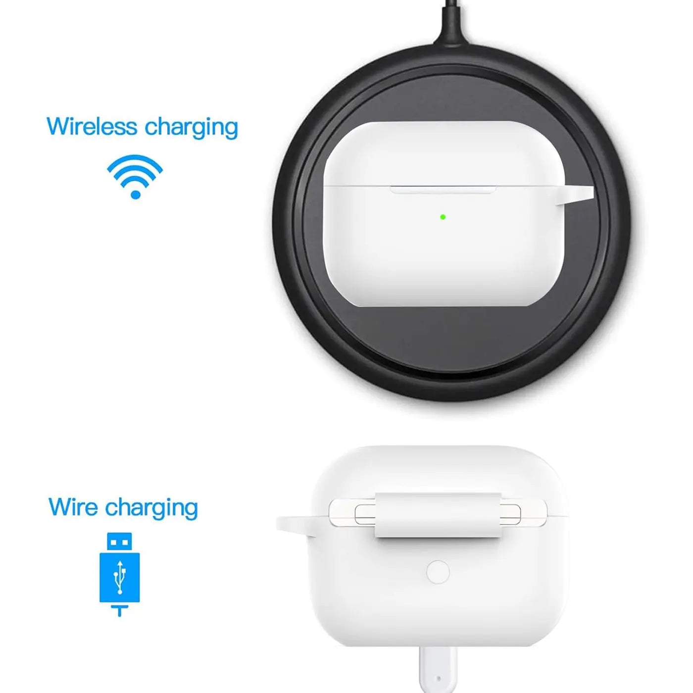 Weiße Silikonhülle für AirPods Pro 3 mit Karabiner, oben auf schwarzem Ladepad, unten mit Kabelanschluss.