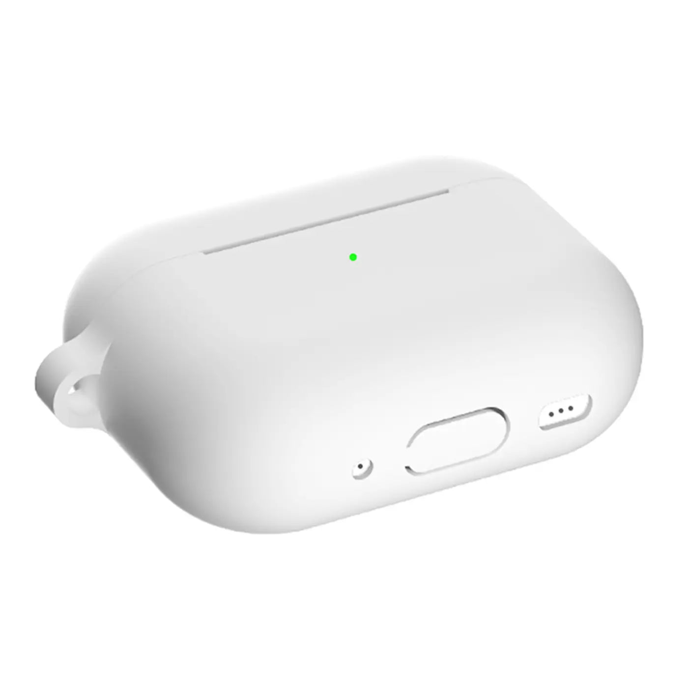 Weiße Silikonhülle für AirPods Pro 3 mit Karabineröse, Ladeanschluss- und Lautsprecheröffnungen, schräg von oben.