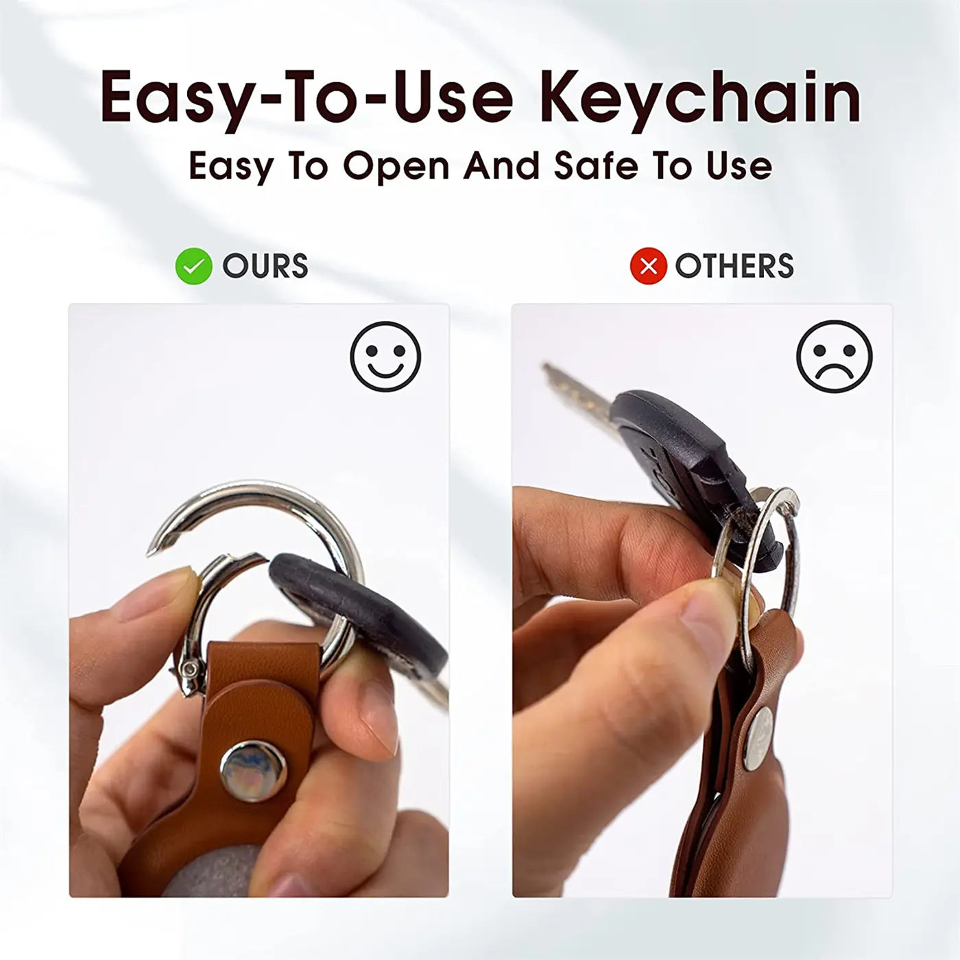 Zwei Hände befestigen Schlüssel an einem braunen Kunstleder AirTag-Anhänger mit Karabiner und einem Schlüsselring.