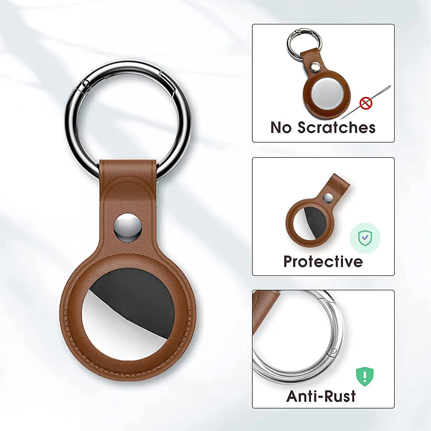 Braune Kunstleder AirTag Hülle mit silbernem Karabiner, Vorderansicht. Rechts drei Detailbilder der Hülle.
