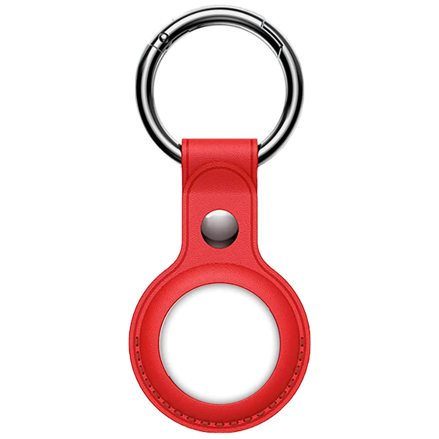 Rote Kunstleder AirTag Hülle mit silbernem Karabiner, von vorne, auf weißem Hintergrund.