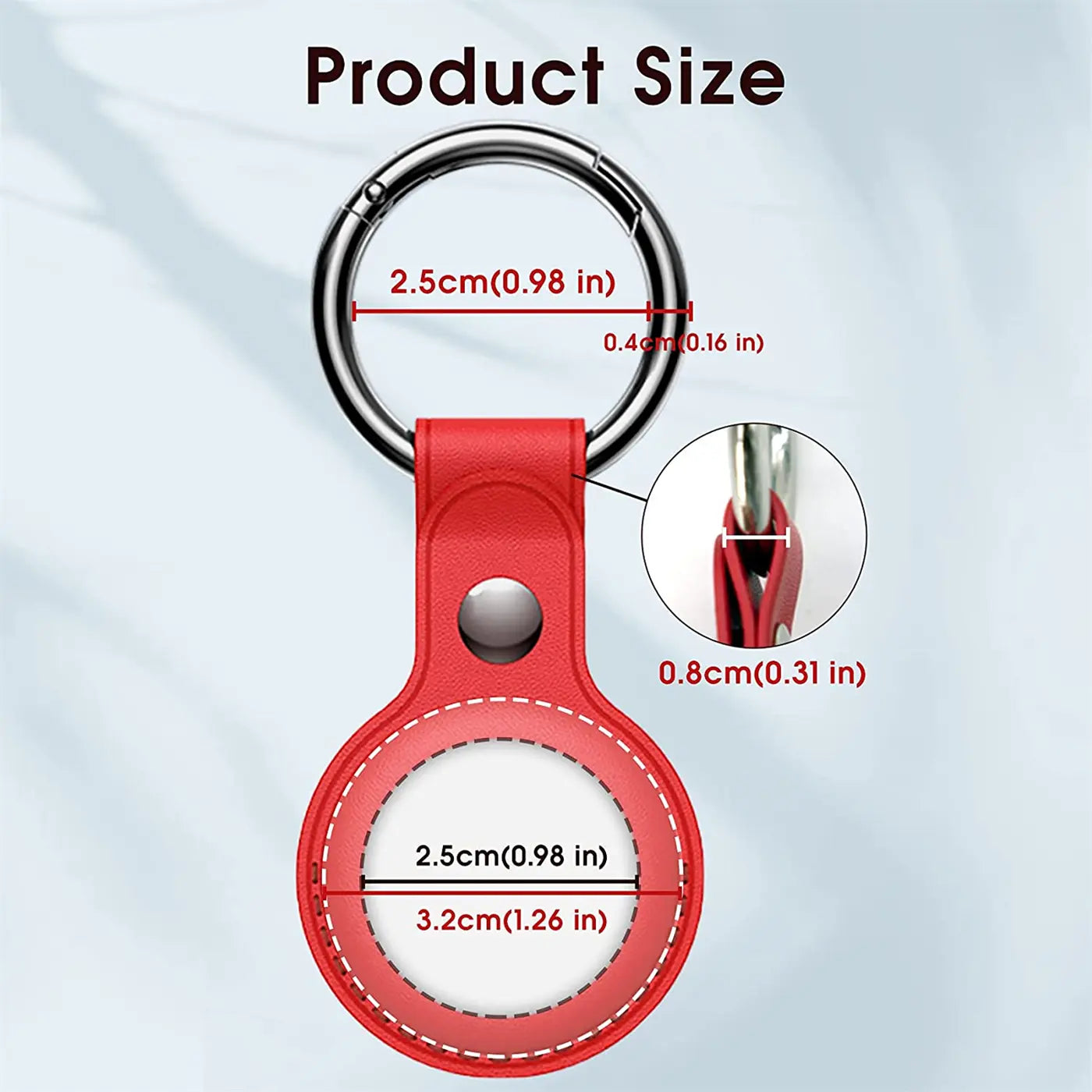 Rote Kunstleder AirTag Hülle mit Karabiner, von vorne, mit Maßen. Detailansicht des Karabinerverschlusses.
