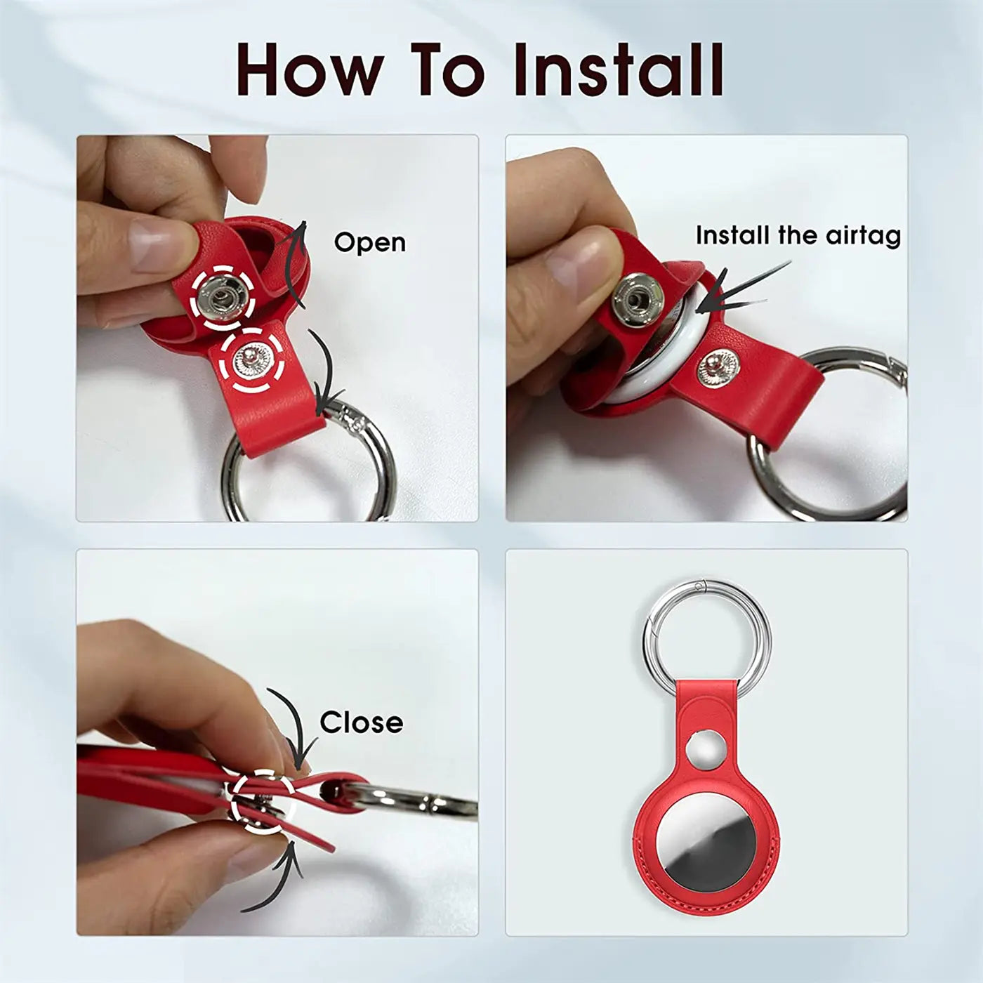 Vier Bilder zeigen die Installation eines Apple AirTags in eine rote Kunstlederhülle mit Karabiner.