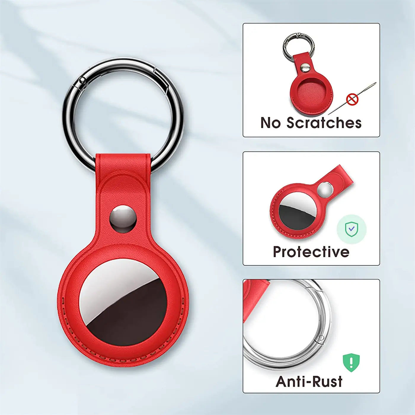Rote Kunstleder AirTag Hülle mit silbernem Karabiner, frontal auf hellblauem Hintergrund, daneben Detailbilder.