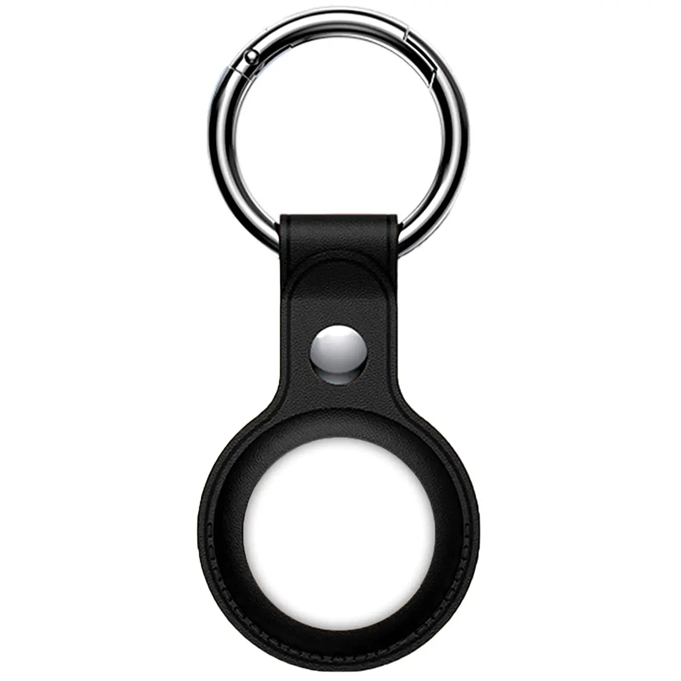 Schwarze Kunstlederhülle für Apple AirTag mit silbernem Karabiner, frontal auf weißem Hintergrund.