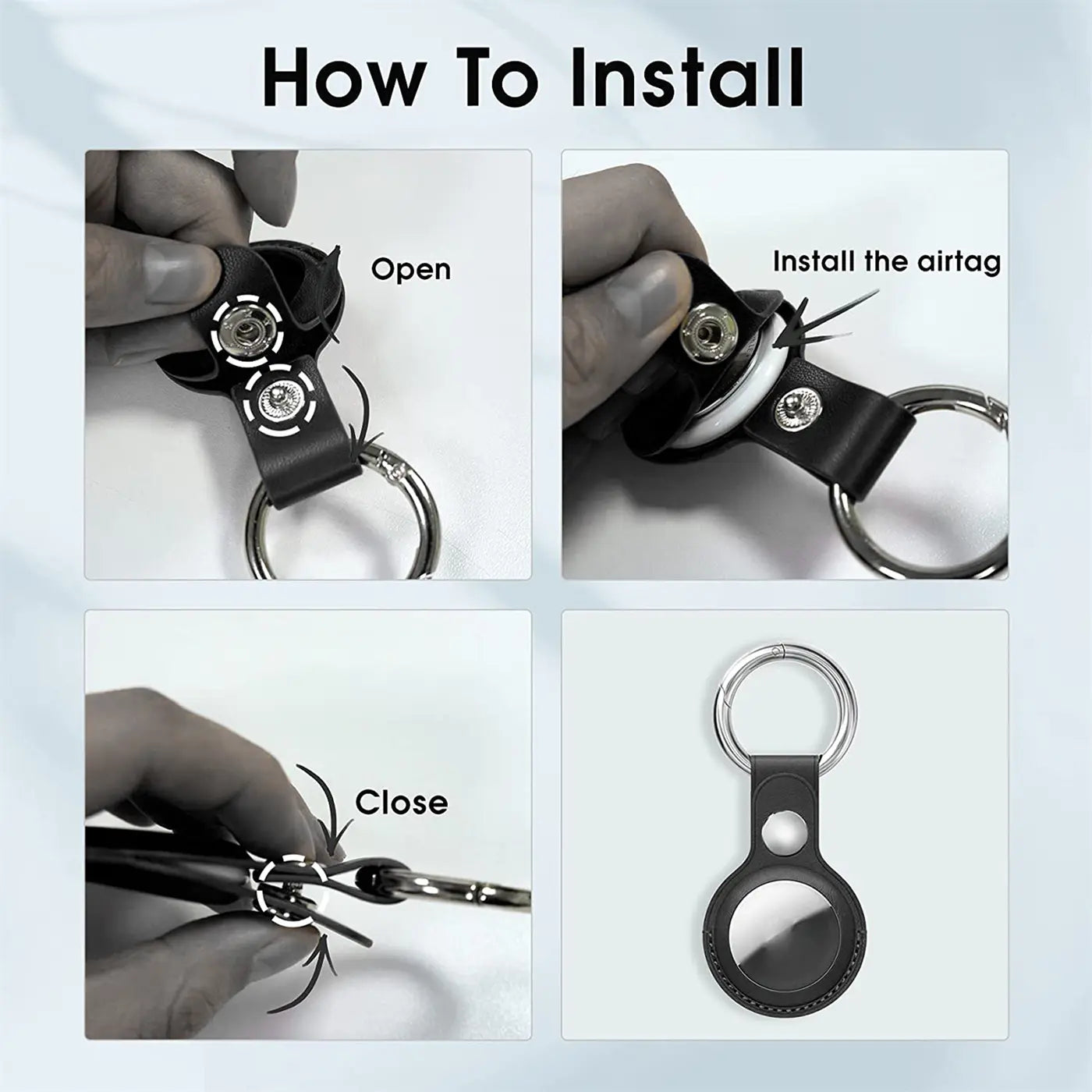 Vier Bilder zeigen die Installation eines weißen Apple AirTags in einer schwarzen Kunstlederhülle mit Karabiner.