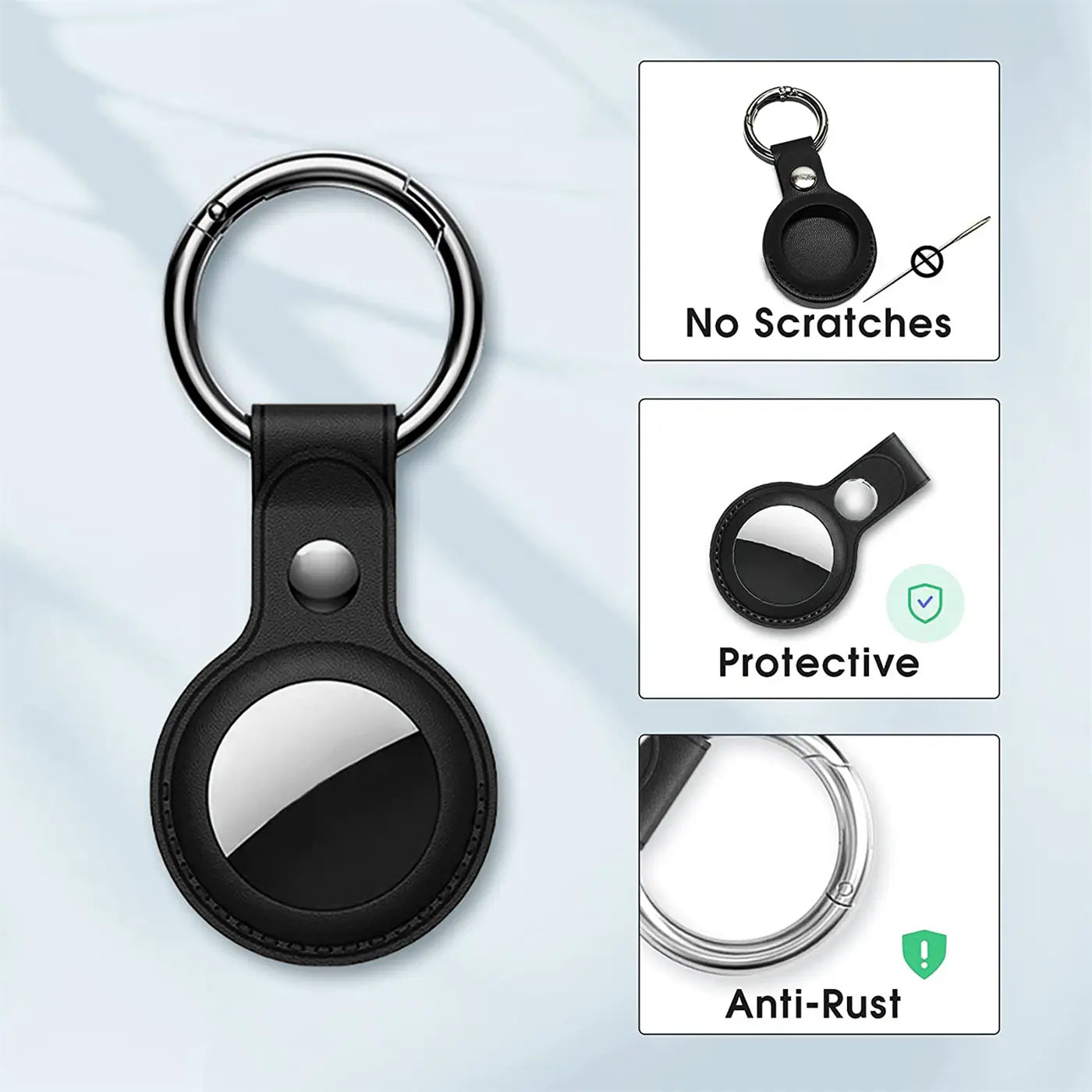 Schwarze Kunstleder-Hülle für Apple AirTag mit silbernem Karabiner, frontal auf hellem Hintergrund.