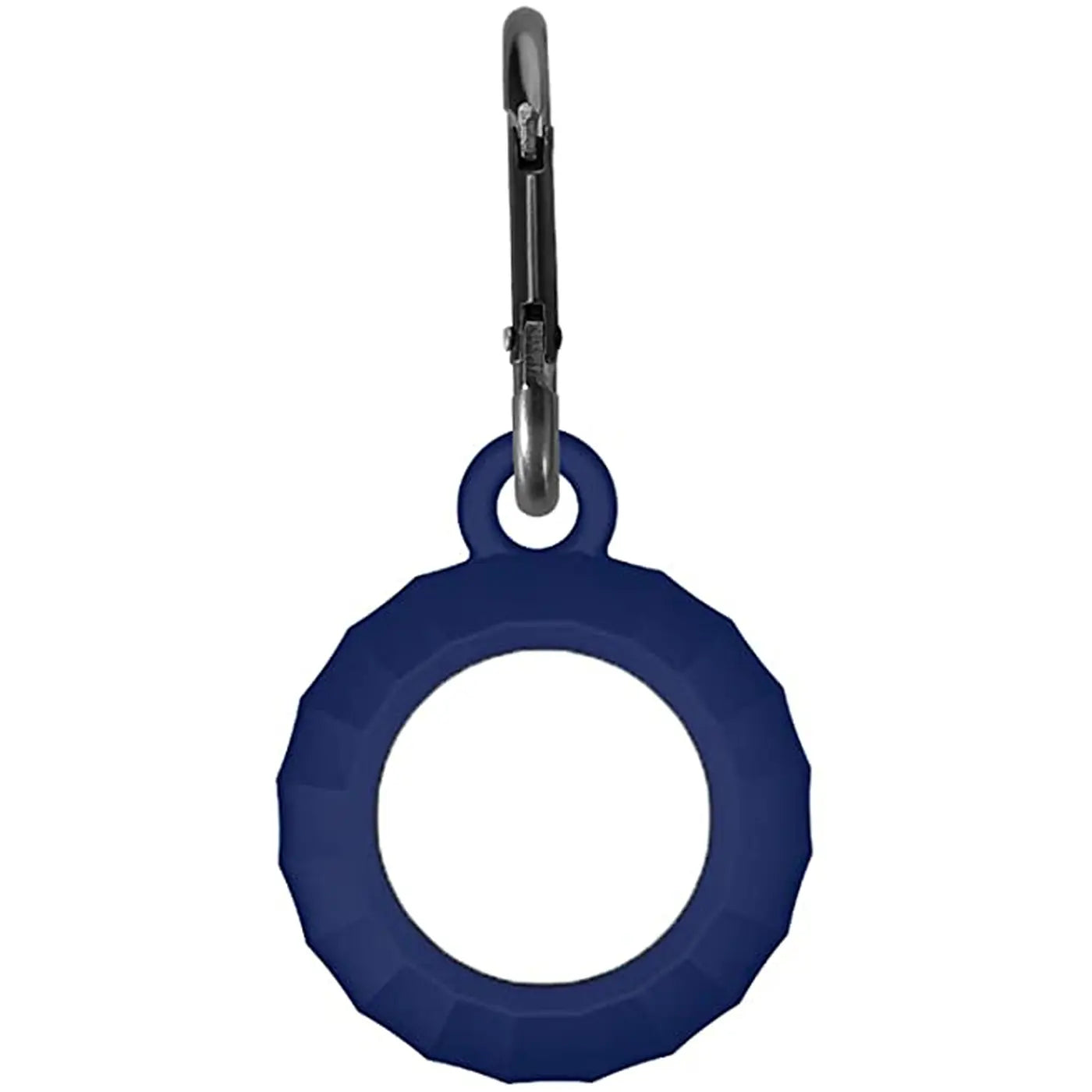 Dunkelblaue Silikon-Hülle für Apple AirTag mit Karabiner, von vorne, auf weißem Hintergrund.